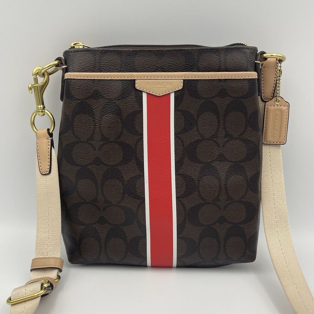Rare Coach Signature With Red Stripe Crossbody Brown Purse Bag Vintage